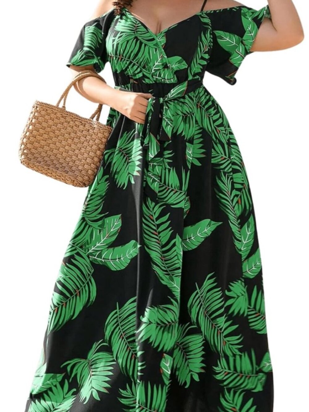 Floerns Plus Tropical Palm Leaf Cold Shoulder Maxi Dress Large Plus